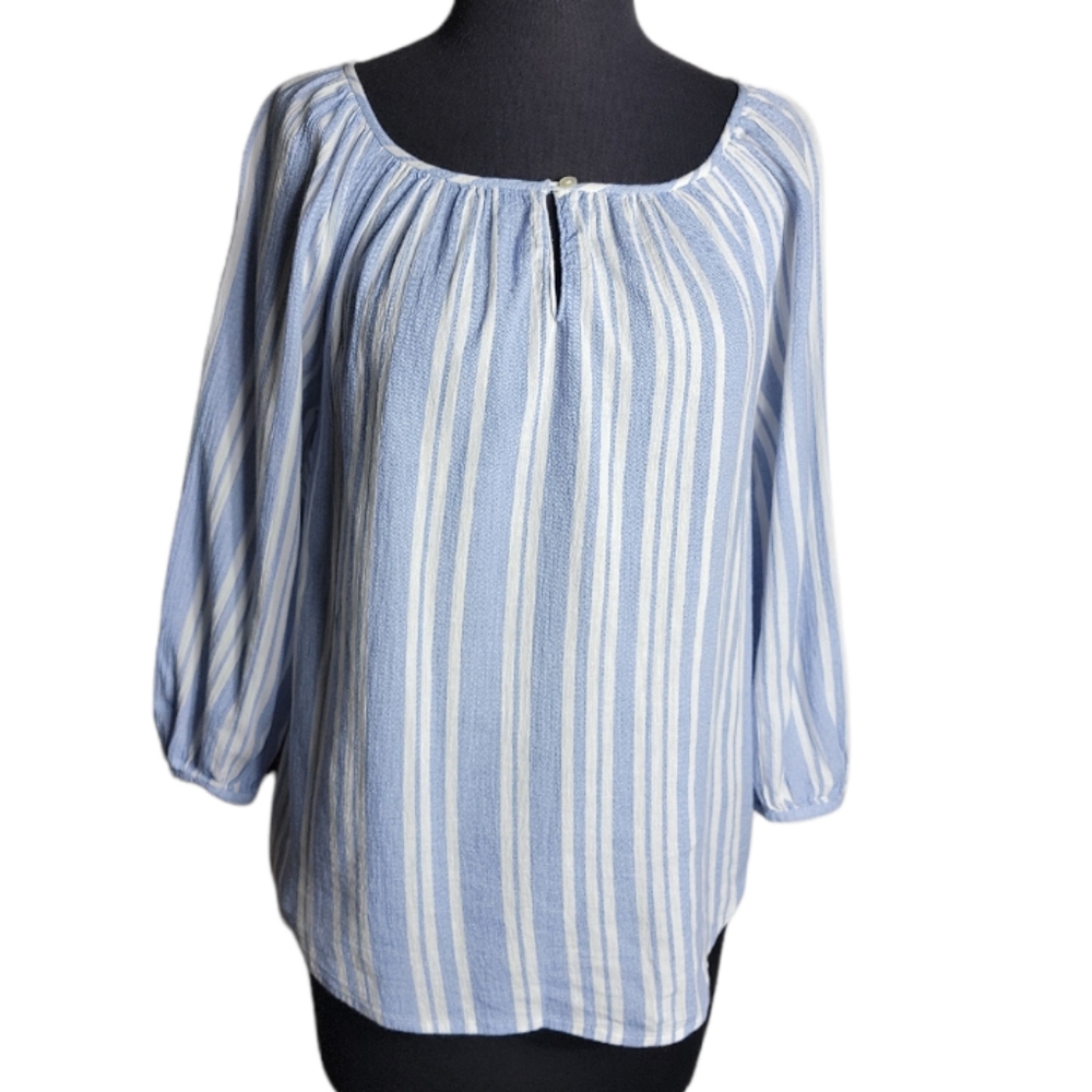 LOFT women's petite small blue white striped scoop neck cotton top 3/4 sleeve